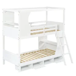 Lit Superposé 90x200 cm - Lit enfant Combiné avec Armoire, Table Pratique et Escalier Sécurisé - Grand Rangement - MDF Blanc