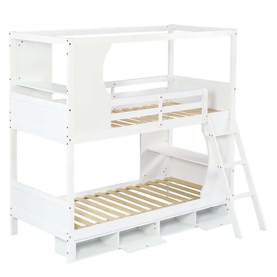 Lit Superposé 90x200 cm - Lit enfant Combiné avec Armoire, Table Pratique et Escalier Sécurisé - Grand Rangement - MDF Blanc