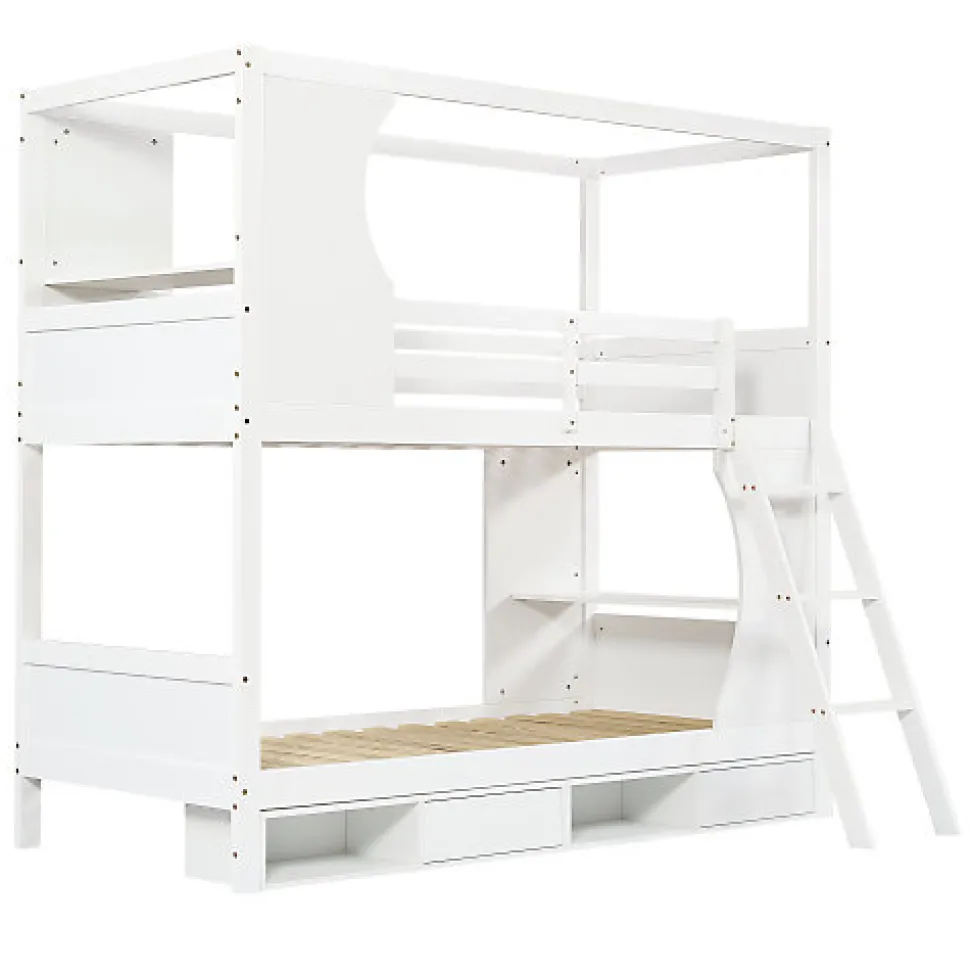 Lit Superposé 90x200 cm - Lit enfant Combiné avec Armoire, Table Pratique et Escalier Sécurisé - Grand Rangement - MDF Blanc