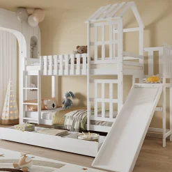 Lit superposé 90x200 cm - Lit enfant avec espacement de 92,8 cm - Bois massif + MDF - Sans matelas - Blanc