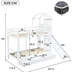 Lit superposé 90x200 cm - Lit enfant avec espacement de 92,8 cm - Bois massif + MDF - Sans matelas - Blanc