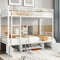 Lit Superposé 90x200 cm - Lit enfant en Métal avec Rangement Chaussures et 2 Tiroirs, Protection Latérale - Sans Matelas - Blanc