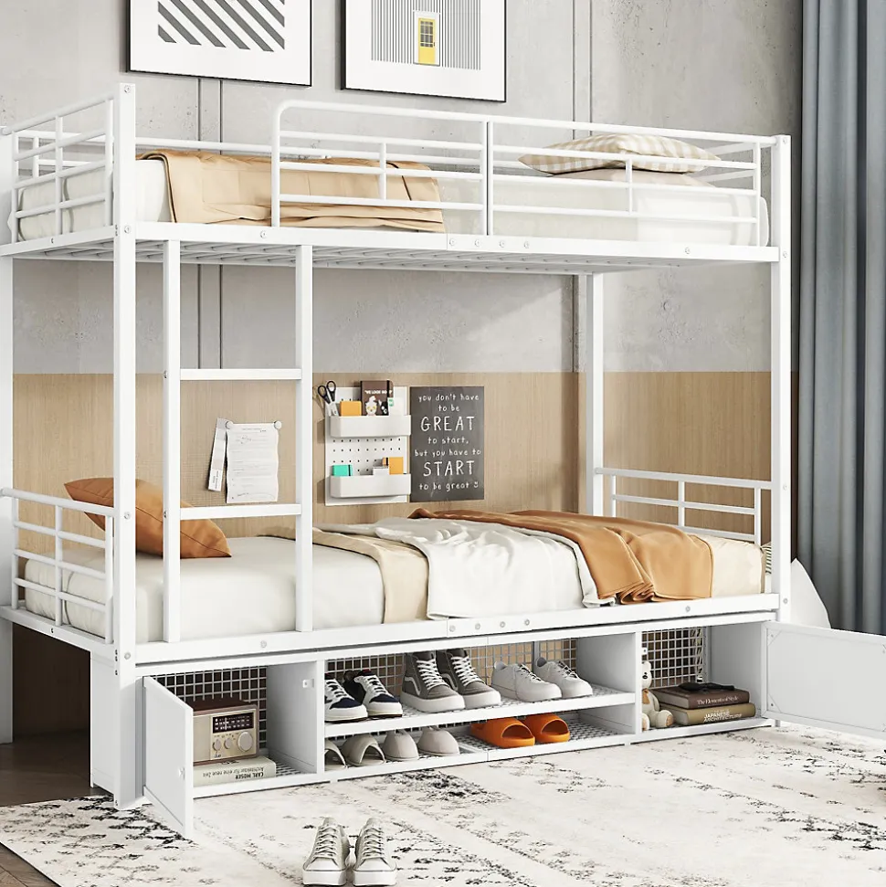 Lit Superposé 90x200 cm - Lit enfant en Métal avec Rangement Chaussures et 2 Tiroirs, Protection Latérale - Sans Matelas - Blanc