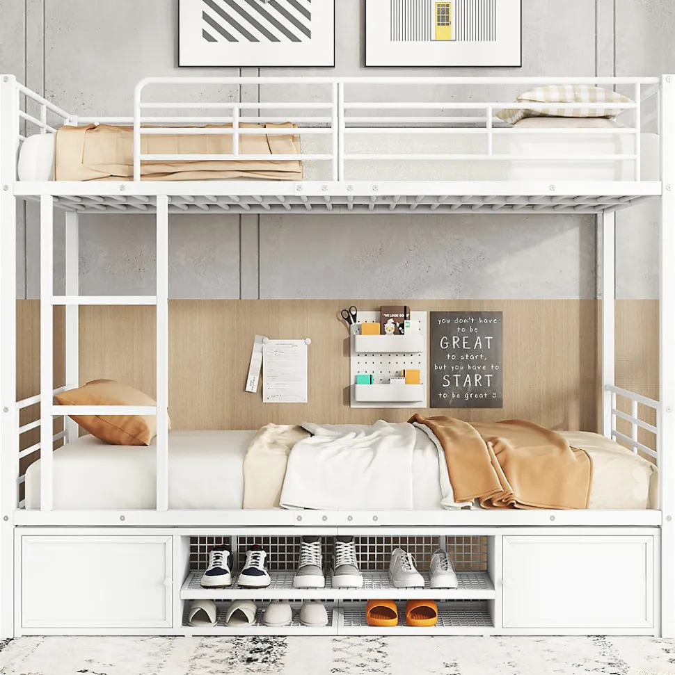 Lit Superposé 90x200 cm - Lit enfant en Métal avec Rangement Chaussures et 2 Tiroirs, Protection Latérale - Sans Matelas - Blanc