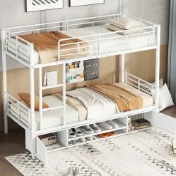 Lit Superposé 90x200 cm - Lit enfant en Métal avec Rangement Chaussures et 2 Tiroirs, Protection Latérale - Sans Matelas - Blanc