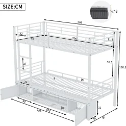 Lit Superposé 90x200 cm - Lit enfant en Métal avec Rangement Chaussures et 2 Tiroirs, Protection Latérale - Sans Matelas - Blanc