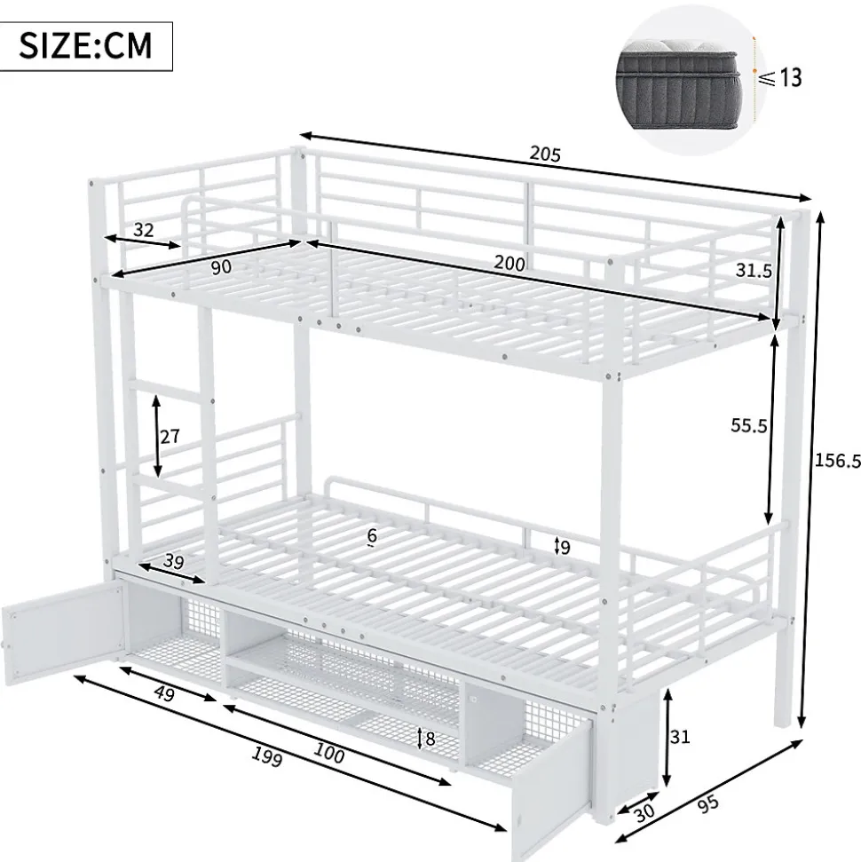 Lit Superposé 90x200 cm - Lit enfant en Métal avec Rangement Chaussures et 2 Tiroirs, Protection Latérale - Sans Matelas - Blanc