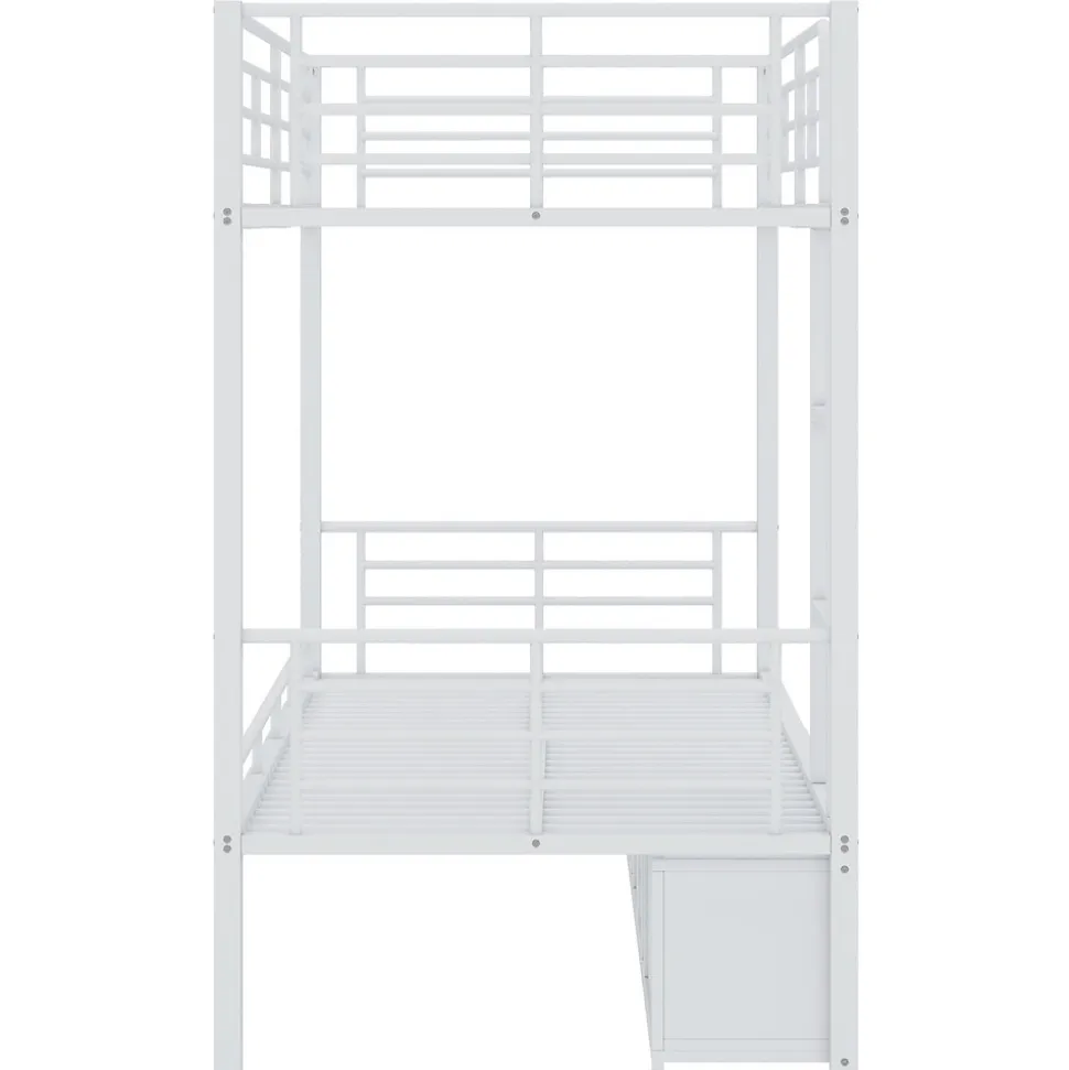 Lit Superposé 90x200 cm - Lit enfant en Métal avec Rangement Chaussures et 2 Tiroirs, Protection Latérale - Sans Matelas - Blanc