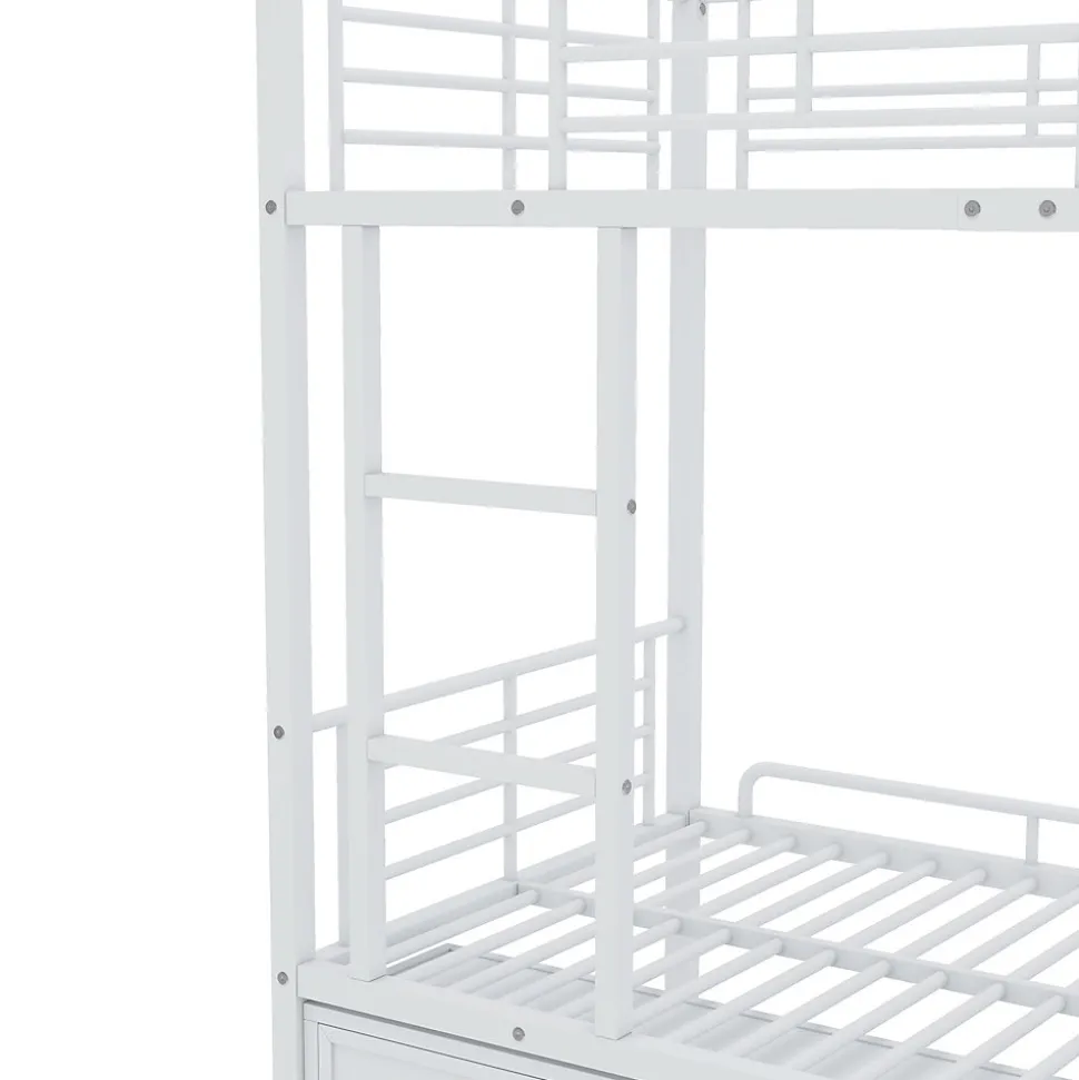 Lit Superposé 90x200 cm - Lit enfant en Métal avec Rangement Chaussures et 2 Tiroirs, Protection Latérale - Sans Matelas - Blanc