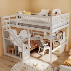 Lit superposé 140x200 cm - Lit enfant avec escalier et rangement - Pin massif + MDF - Sans matelas - Blanc