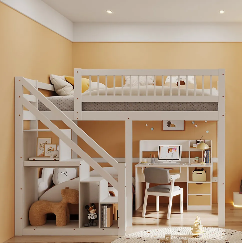 Lit superposé 140x200 cm - Lit enfant avec escalier et rangement - Pin massif + MDF - Sans matelas - Blanc