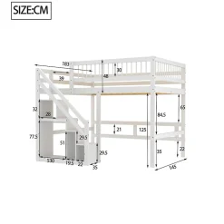 Lit superposé 140x200 cm - Lit enfant avec escalier et rangement - Pin massif + MDF - Sans matelas - Blanc