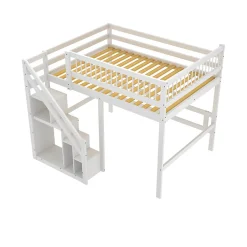 Lit superposé 140x200 cm - Lit enfant avec escalier et rangement - Pin massif + MDF - Sans matelas - Blanc