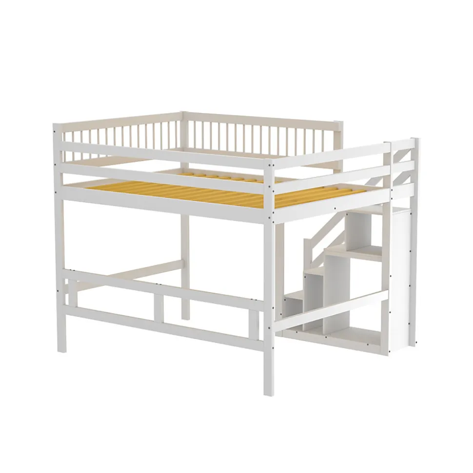 Lit superposé 140x200 cm - Lit enfant avec escalier et rangement - Pin massif + MDF - Sans matelas - Blanc