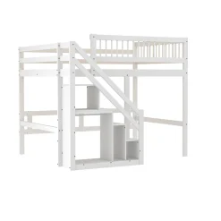 Lit superposé 140x200 cm - Lit enfant avec escalier et rangement - Pin massif + MDF - Sans matelas - Blanc