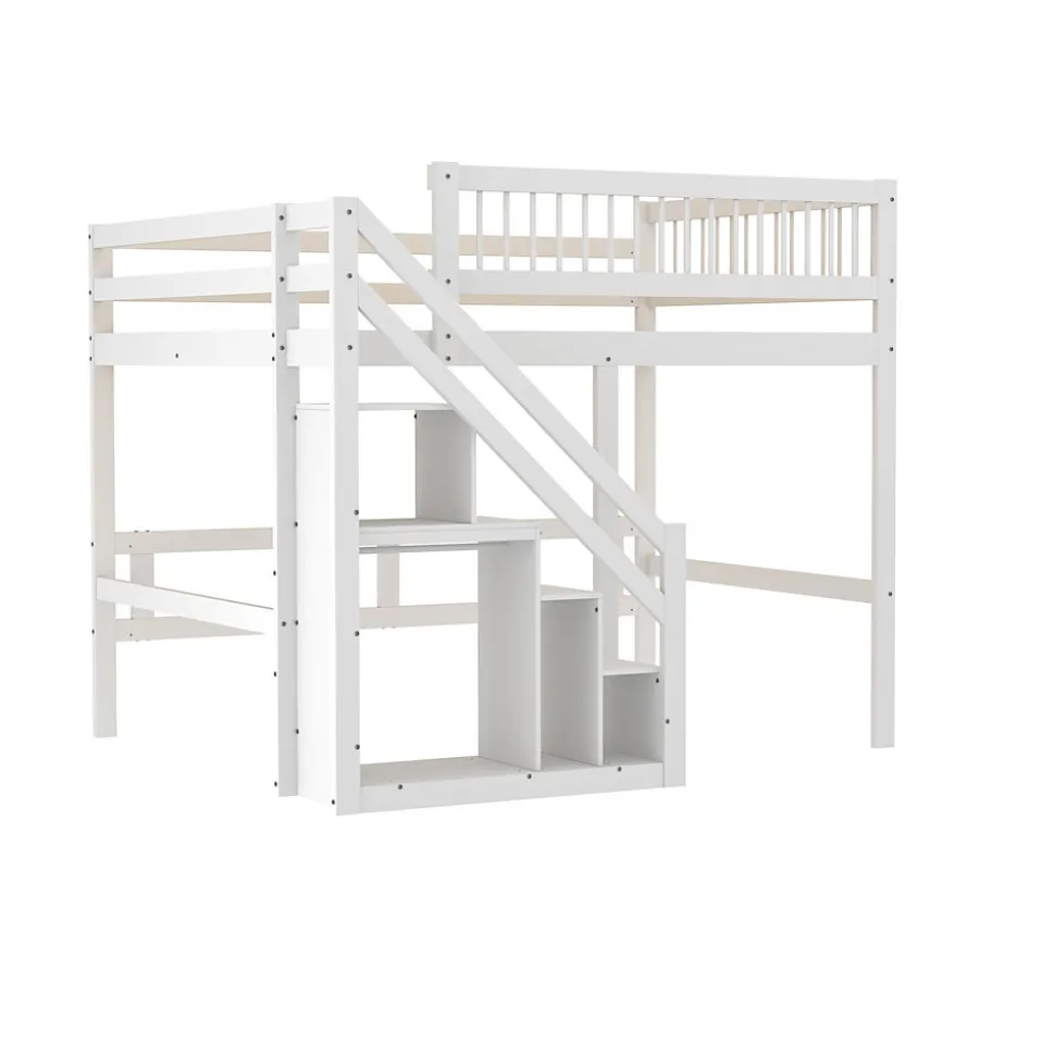 Lit superposé 140x200 cm - Lit enfant avec escalier et rangement - Pin massif + MDF - Sans matelas - Blanc