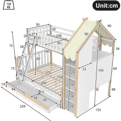 Lit Superposé 90x200 cm - Lit Enfant avec 2 Tiroirs et Barrières de Sécurité - Design Bois - Sans Matelas - Blanc+Naturel