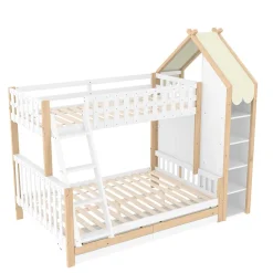 Lit Superposé 90x200 cm - Lit Enfant avec 2 Tiroirs et Barrières de Sécurité - Design Bois - Sans Matelas - Blanc+Naturel