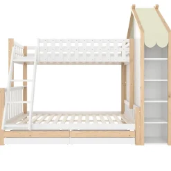 Lit Superposé 90x200 cm - Lit Enfant avec 2 Tiroirs et Barrières de Sécurité - Design Bois - Sans Matelas - Blanc+Naturel