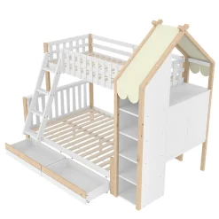 Lit Superposé 90x200 cm - Lit Enfant avec 2 Tiroirs et Barrières de Sécurité - Design Bois - Sans Matelas - Blanc+Naturel