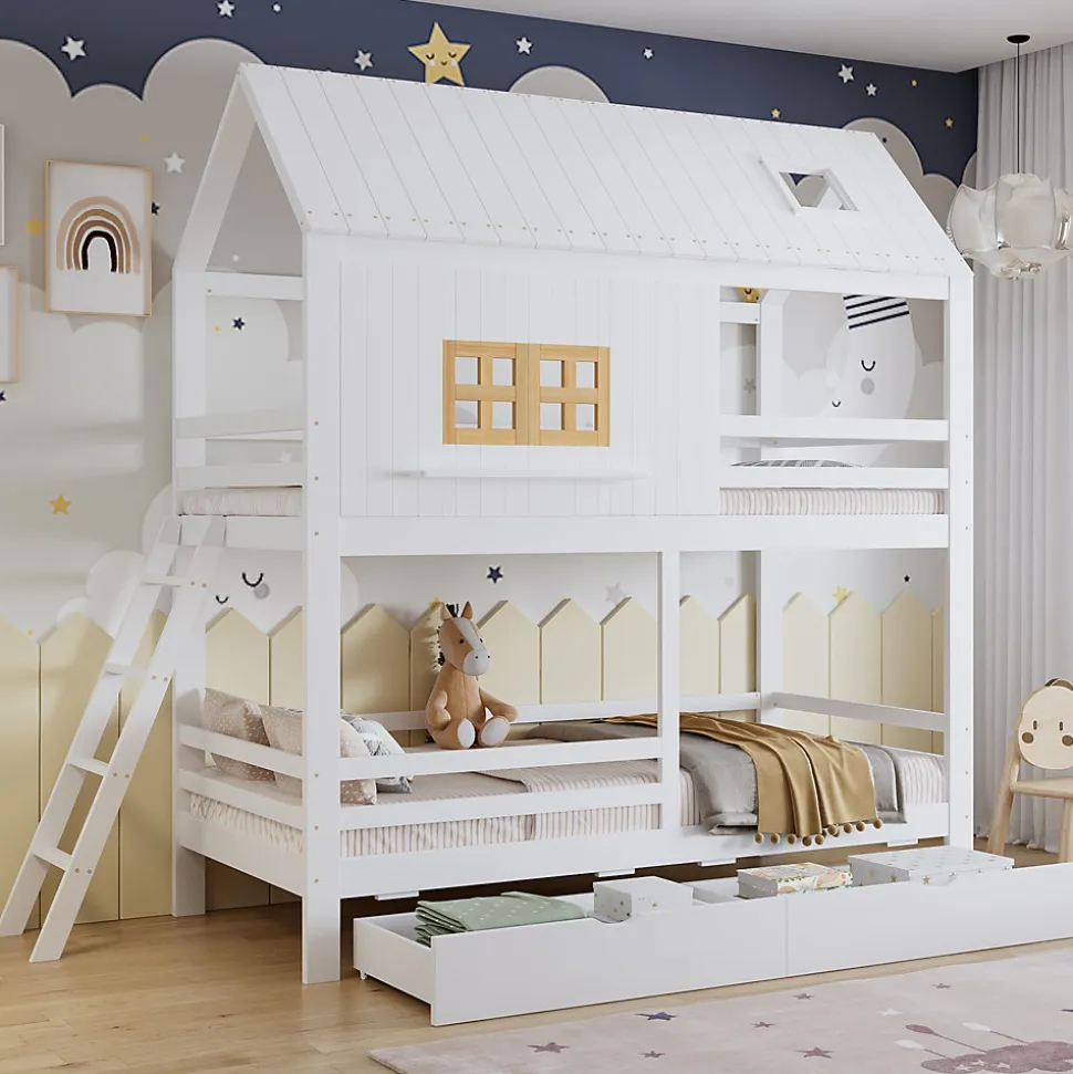 Lit Superposé 90x200 cm - Lit Enfant Cabane avec Toit, Fenêtres et Échelle, 2 Grands Tiroirs, MDF, Blanc et Naturel, sans Matelas