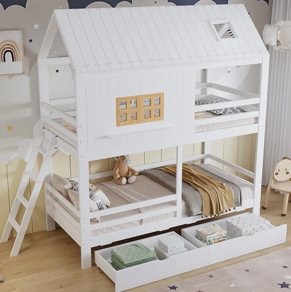 Lit Superposé 90x200 cm - Lit Enfant Cabane avec Toit, Fenêtres et Échelle, 2 Grands Tiroirs, MDF, Blanc et Naturel, sans Matelas