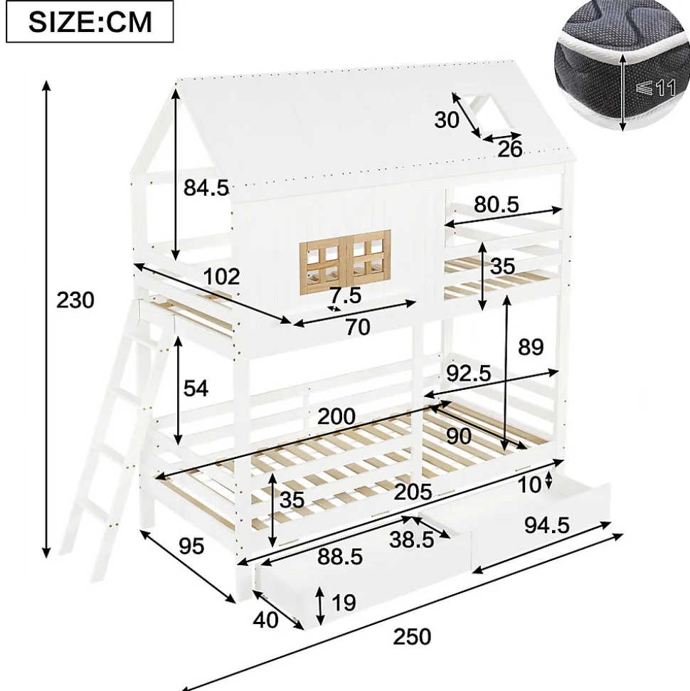 Lit Superposé 90x200 cm - Lit Enfant Cabane avec Toit, Fenêtres et Échelle, 2 Grands Tiroirs, MDF, Blanc et Naturel, sans Matelas