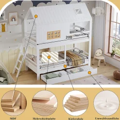 Lit Superposé 90x200 cm - Lit Enfant Cabane avec Toit, Fenêtres et Échelle, 2 Grands Tiroirs, MDF, Blanc et Naturel, sans Matelas