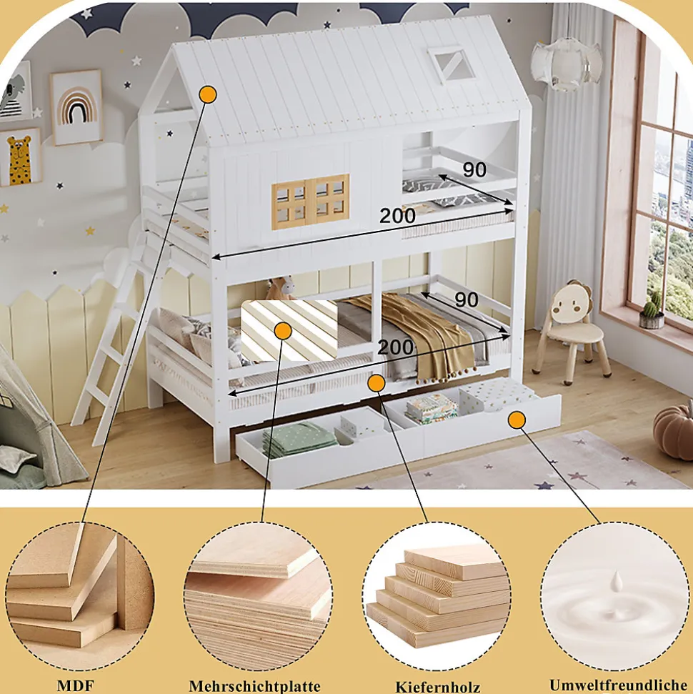 Lit Superposé 90x200 cm - Lit Enfant Cabane avec Toit, Fenêtres et Échelle, 2 Grands Tiroirs, MDF, Blanc et Naturel, sans Matelas