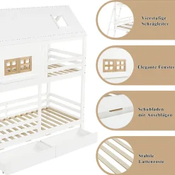 Lit Superposé 90x200 cm - Lit Enfant Cabane avec Toit, Fenêtres et Échelle, 2 Grands Tiroirs, MDF, Blanc et Naturel, sans Matelas
