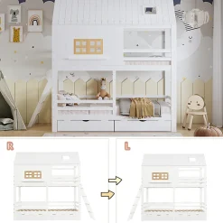 Lit Superposé 90x200 cm - Lit Enfant Cabane avec Toit, Fenêtres et Échelle, 2 Grands Tiroirs, MDF, Blanc et Naturel, sans Matelas