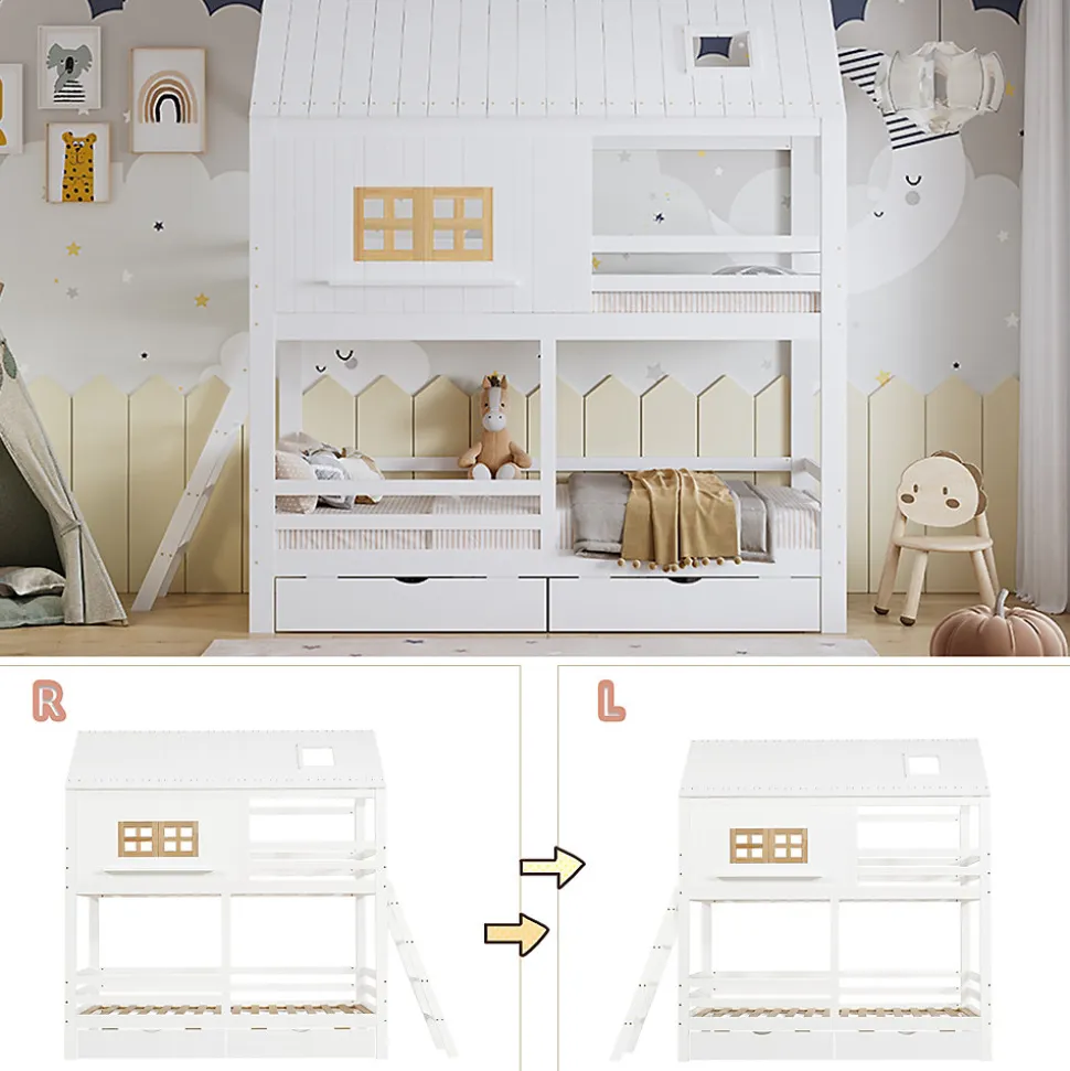 Lit Superposé 90x200 cm - Lit Enfant Cabane avec Toit, Fenêtres et Échelle, 2 Grands Tiroirs, MDF, Blanc et Naturel, sans Matelas