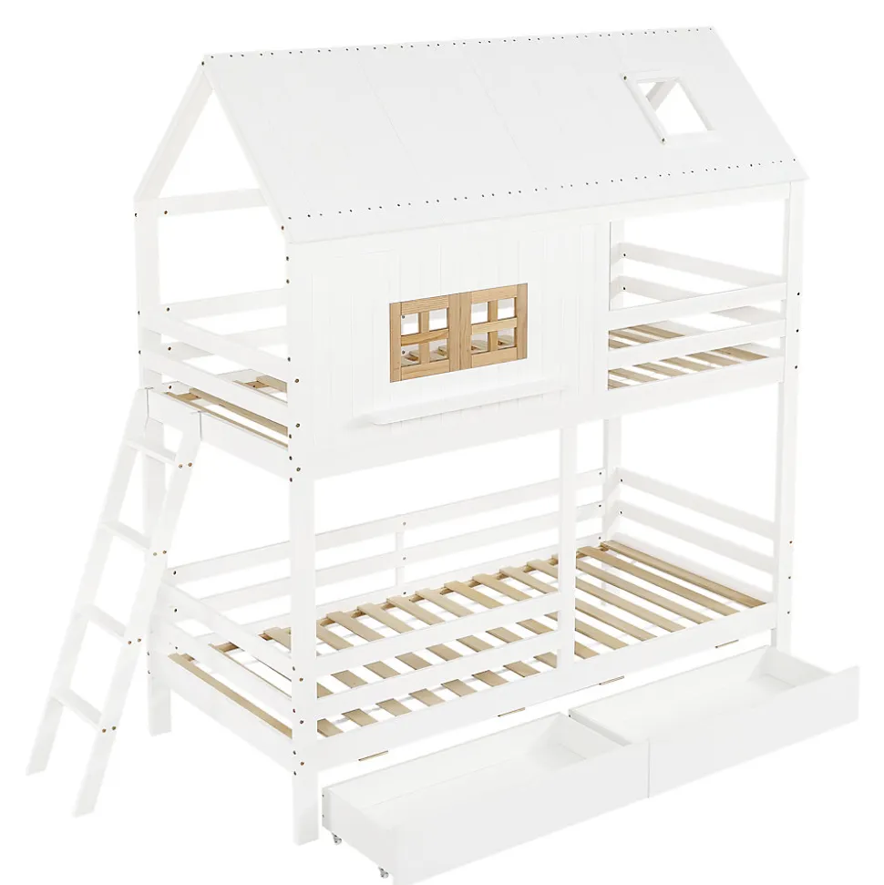 Lit Superposé 90x200 cm - Lit Enfant Cabane avec Toit, Fenêtres et Échelle, 2 Grands Tiroirs, MDF, Blanc et Naturel, sans Matelas