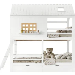 Lit Superposé 90x200 cm - Lit Enfant Cabane avec Toit, Fenêtres et Échelle, 2 Grands Tiroirs, MDF, Blanc et Naturel, sans Matelas