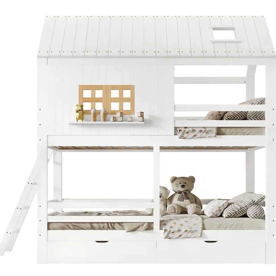 Lit Superposé 90x200 cm - Lit Enfant Cabane avec Toit, Fenêtres et Échelle, 2 Grands Tiroirs, MDF, Blanc et Naturel, sans Matelas