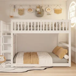 Lit Superposé 140x200 cm - Lit Junior avec Rangement, Cadre en Bois avec Clôture, Sans Matelas, Blanc