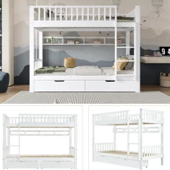 Lit superposé 90x200 cm - Lit simple avec rangement et étagères, tiroirs intégrés, structure en pin et MDF - Sans matelas - Blanc