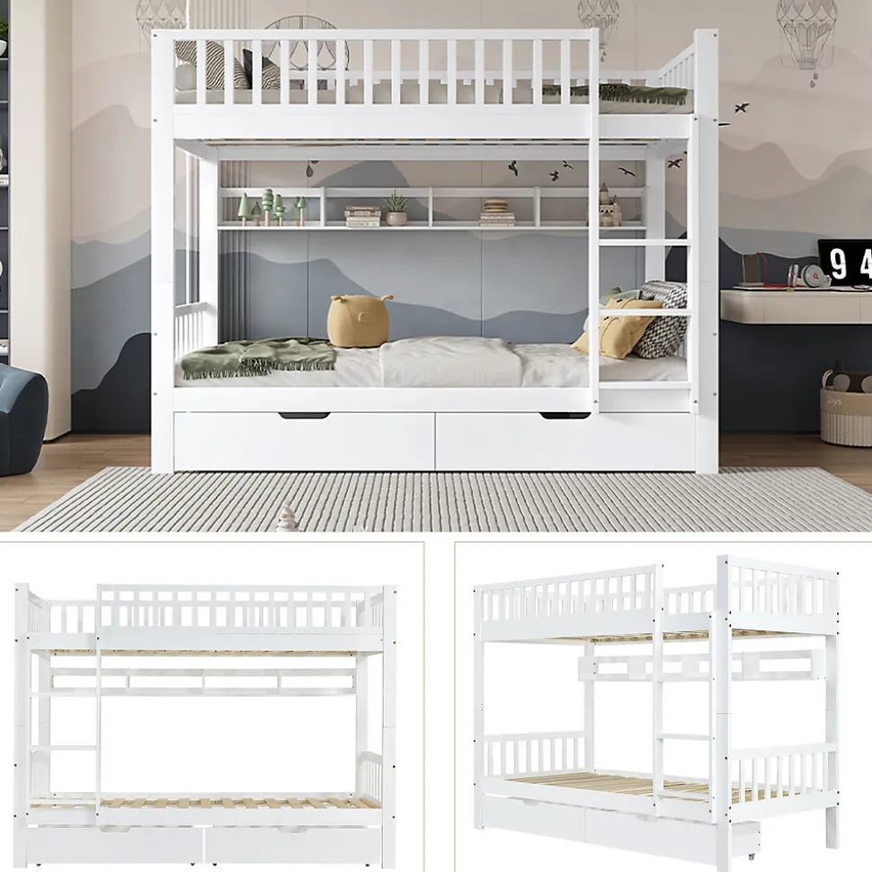 Lit superposé 90x200 cm - Lit simple avec rangement et étagères, tiroirs intégrés, structure en pin et MDF - Sans matelas - Blanc