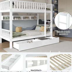 Lit superposé 90x200 cm - Lit simple avec rangement et étagères, tiroirs intégrés, structure en pin et MDF - Sans matelas - Blanc