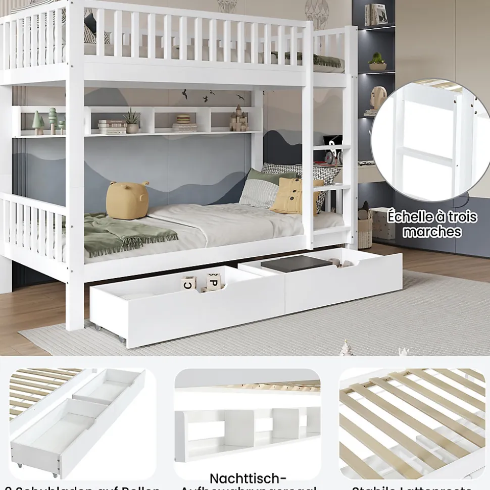 Lit superposé 90x200 cm - Lit simple avec rangement et étagères, tiroirs intégrés, structure en pin et MDF - Sans matelas - Blanc