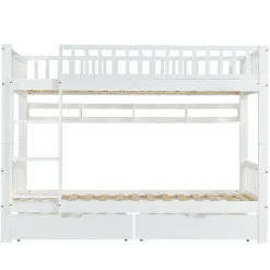 Lit superposé 90x200 cm - Lit simple avec rangement et étagères, tiroirs intégrés, structure en pin et MDF - Sans matelas - Blanc