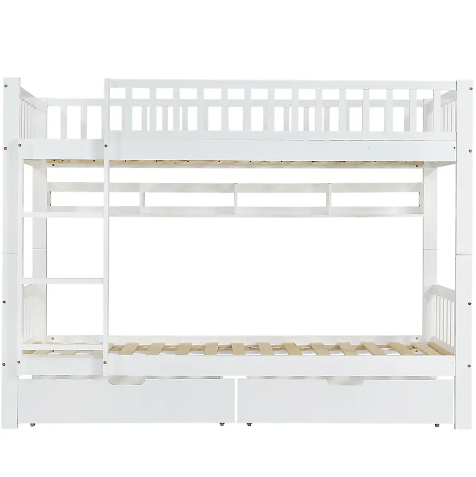 Lit superposé 90x200 cm - Lit simple avec rangement et étagères, tiroirs intégrés, structure en pin et MDF - Sans matelas - Blanc