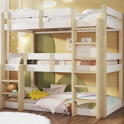 Lit superposé 90x190 cm - Lit triple - Avec échelle de sécurité - Blanc + naturel (matelas non inclus)