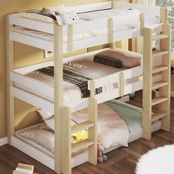 Lit superposé 90x190 cm - Lit triple - Avec échelle de sécurité - Blanc + naturel (matelas non inclus)