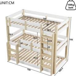 Lit superposé 90x190 cm - Lit triple - Avec échelle de sécurité - Blanc + naturel (matelas non inclus)