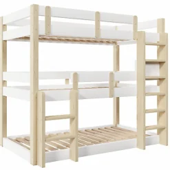 Lit superposé 90x190 cm - Lit triple - Avec échelle de sécurité - Blanc + naturel (matelas non inclus)