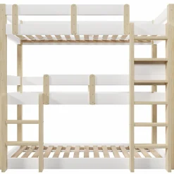 Lit superposé 90x190 cm - Lit triple - Avec échelle de sécurité - Blanc + naturel (matelas non inclus)