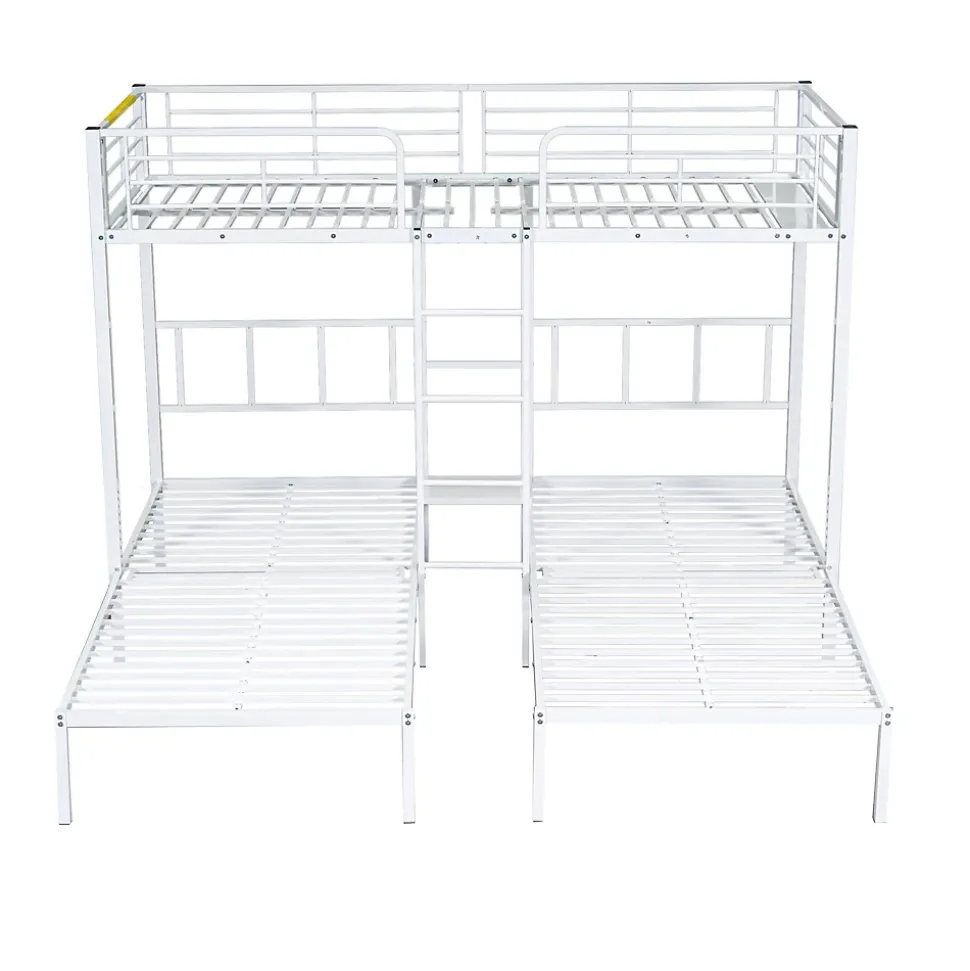 Lit superposé 90x200 cm, 3 lits, échelle, table, cadre métal, blanc