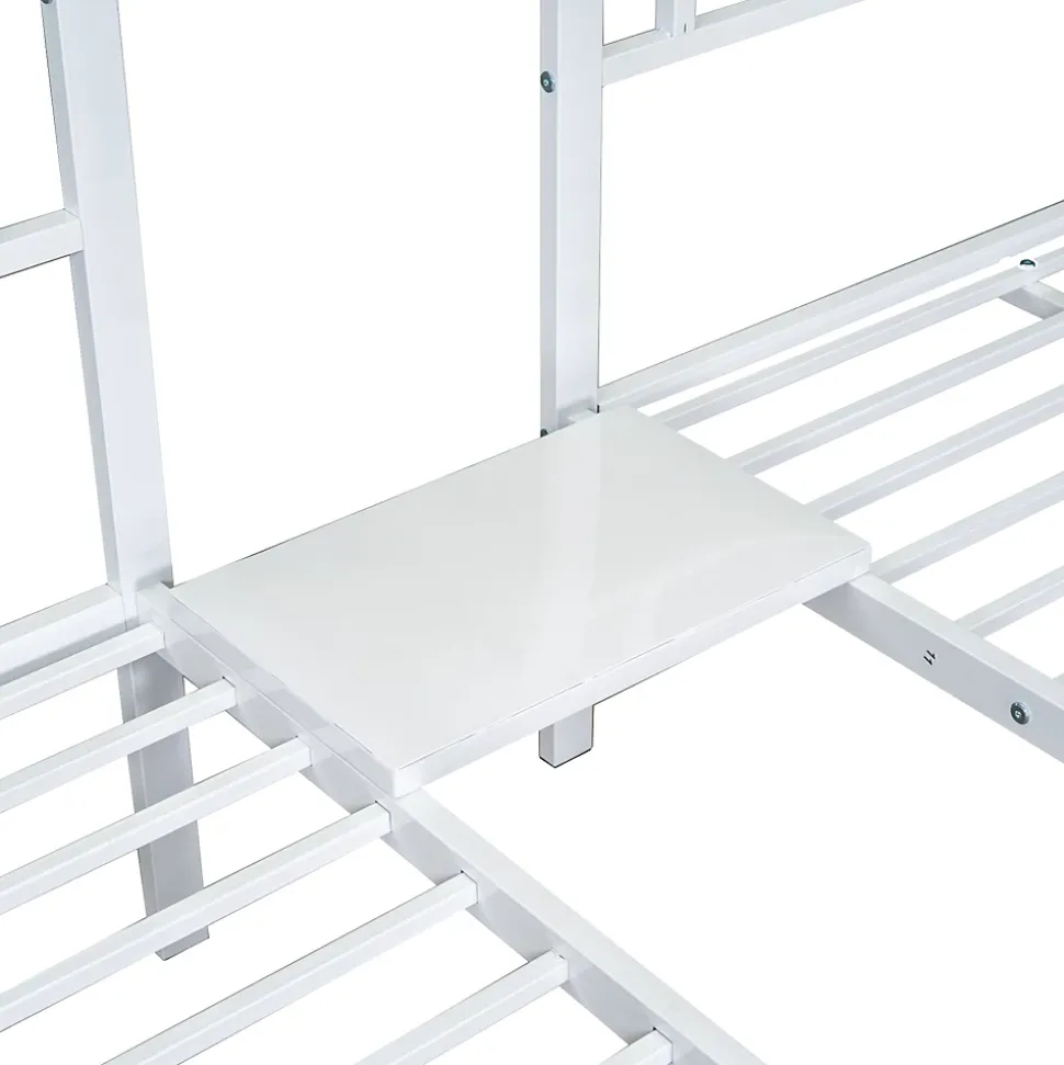 Lit superposé 90x200 cm, 3 lits, échelle, table, cadre métal, blanc