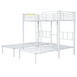 Lit superposé 90x200 cm, 3 lits, échelle, table, cadre métal, blanc